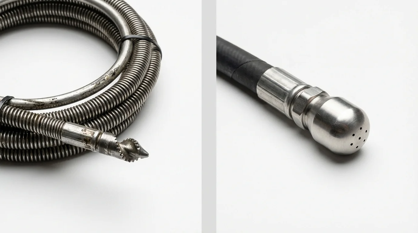Drain snake cable and hydro jetting nozzle used for drain cleaning in Wilmette, IL