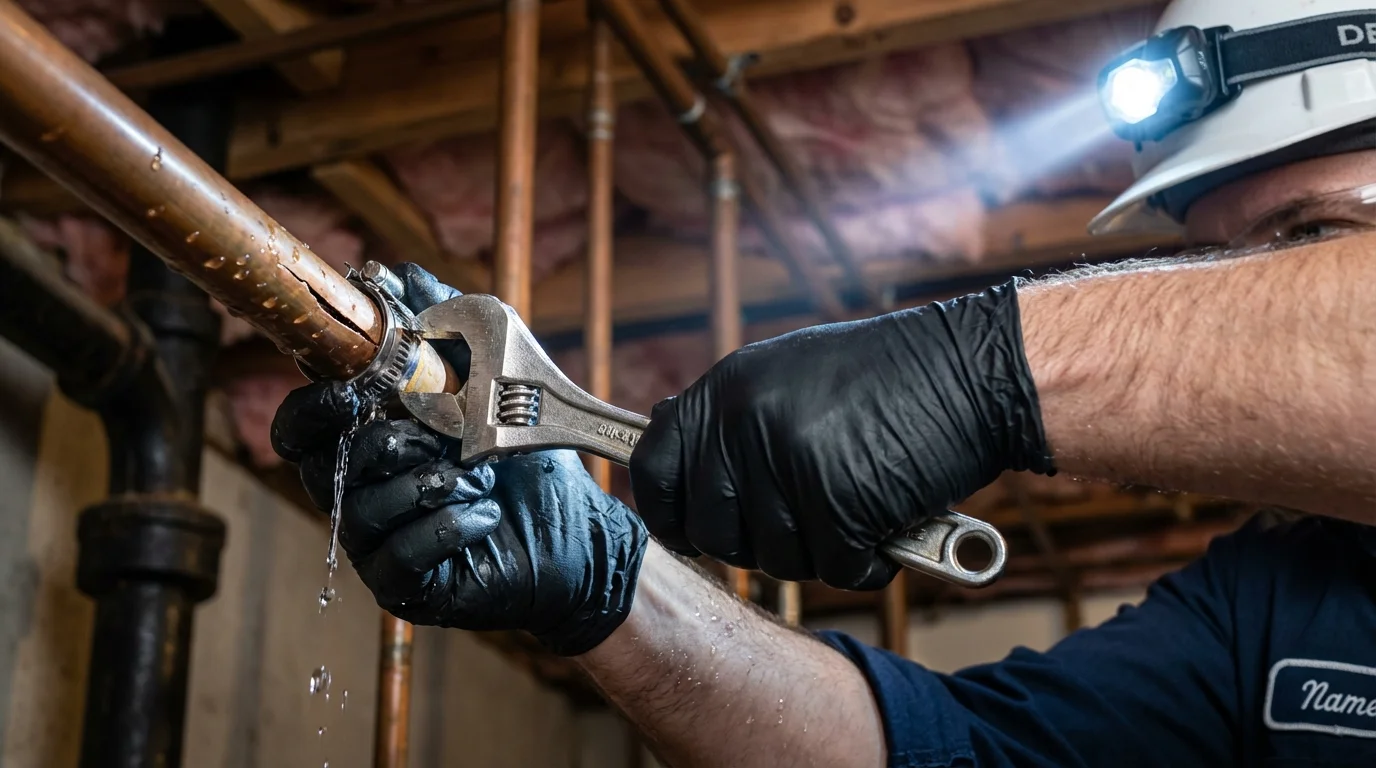 Emergency pipe clamp repair being performed by a Johns Plumbing LLC plumber in Wilmette