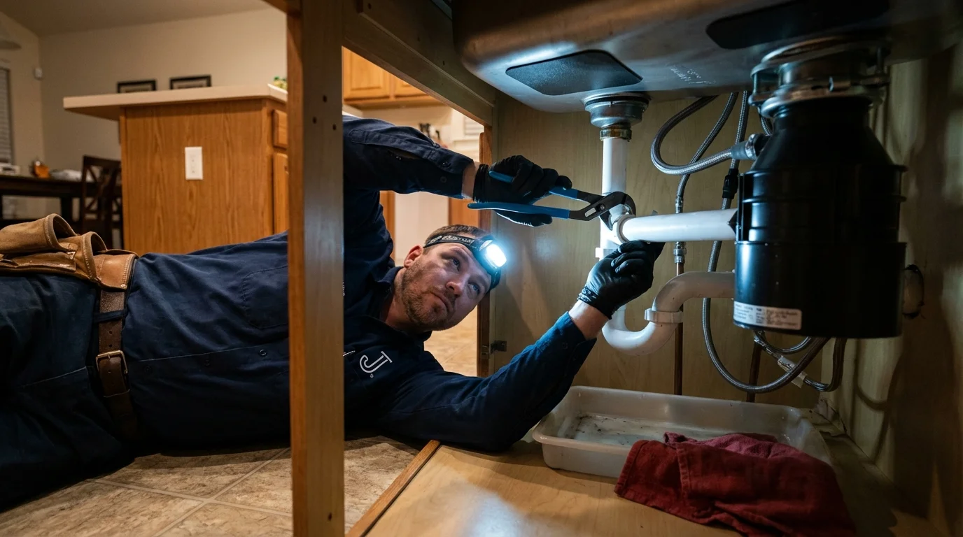 P-trap and supply line connections under a kitchen sink showing a common leak point in Wilmette, IL